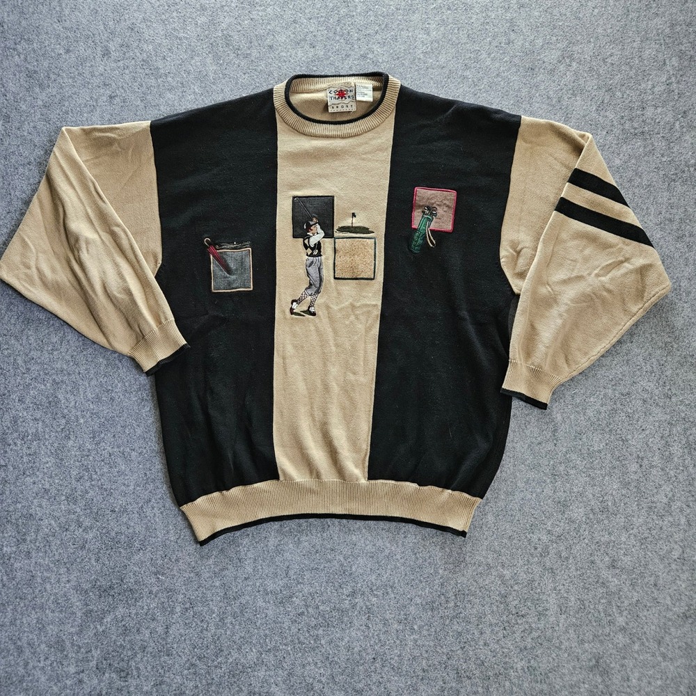 Cotton Traders Sport VTG Golf Sweater Mens Large Black Tan Embroidered Cotton